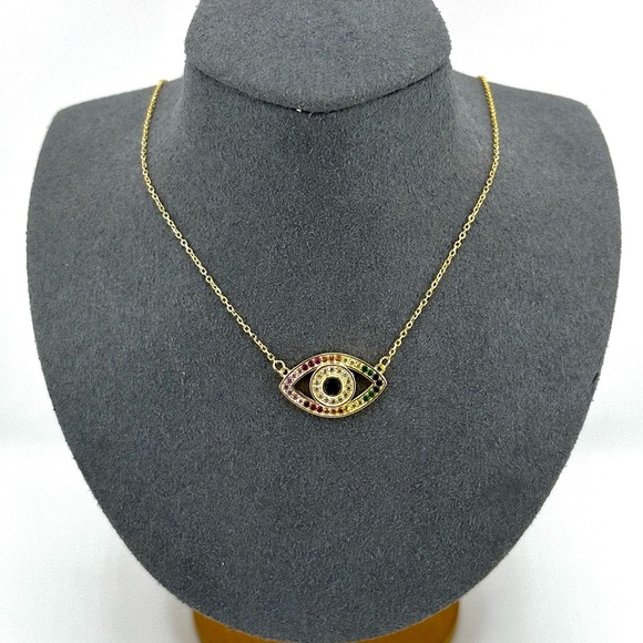 18K Gold Plated over 925 Sterling Silver Multicolor Evil Eye Pendant Necklace - Picture 1 of 7